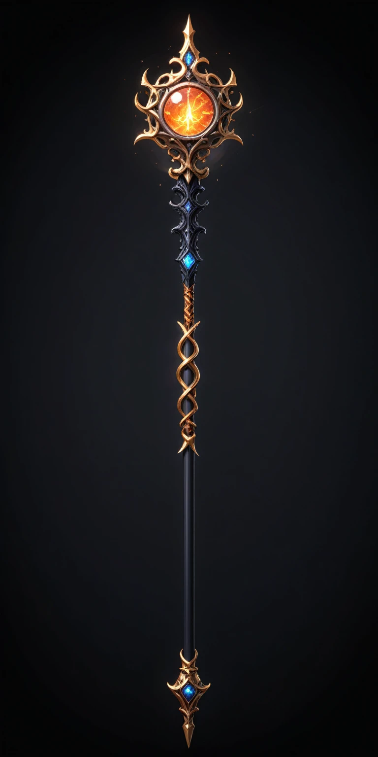 pixel art, cartoon illustration, Divine glavie greatstaff, Powerfull Magical theme, simple black background, RPG game icon
