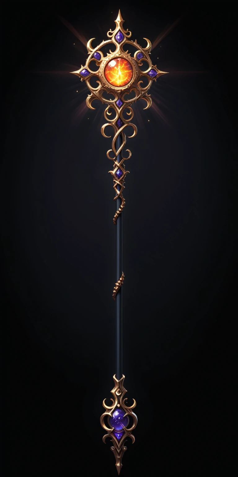 pixel art, cartoon illustration, Divine glavie greatstaff, Powerfull Magical theme, simple black background, RPG game icon 