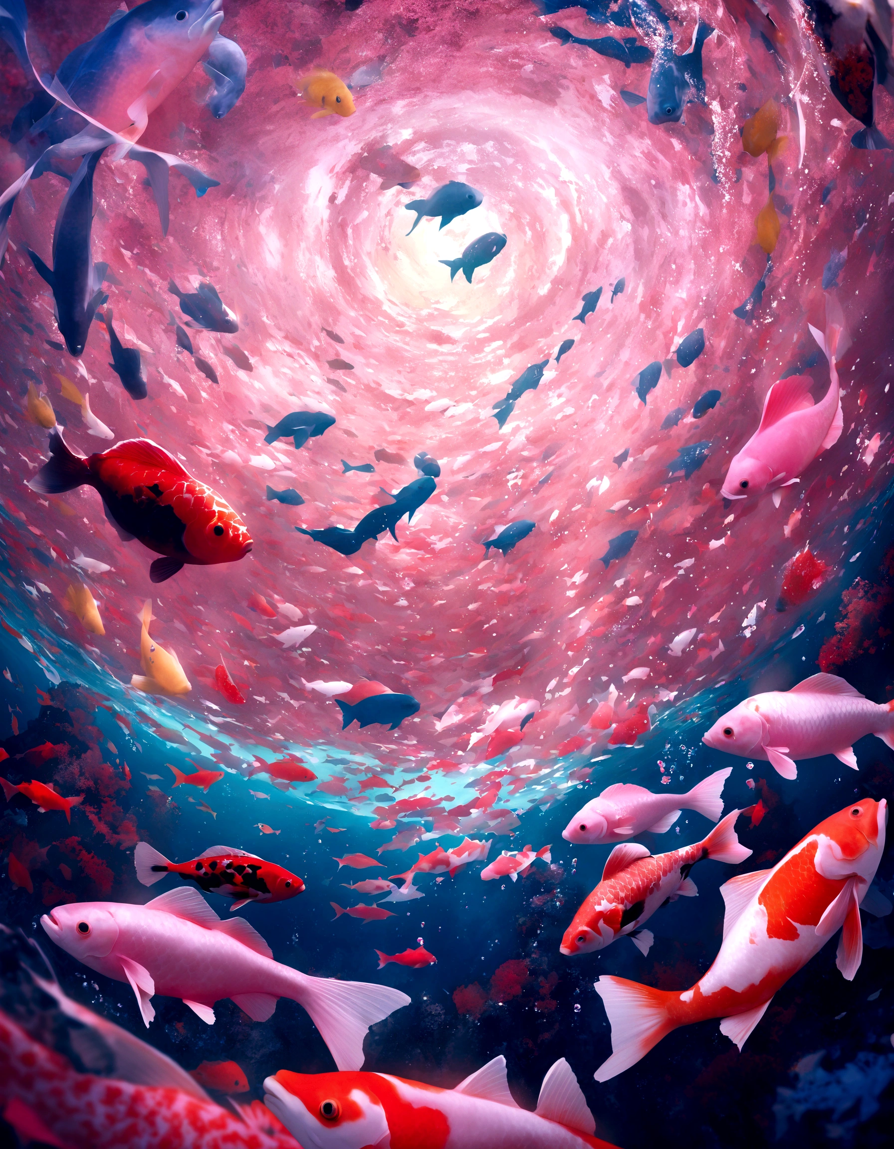 two pink fish swimming in a pool of clear water, pink reflections, floating koi fish, fishes swimming, fishes, koi fish, pink zen style, pink hues, fish swimming, koi fishes, pink vibe, koi colors, vibrant pink, koi, very aesthetic!!!!!!!!!!!!!!!, ( ( ( koi colors ) ) ), see fishes swimming, pinks, 🌺 cgsociety