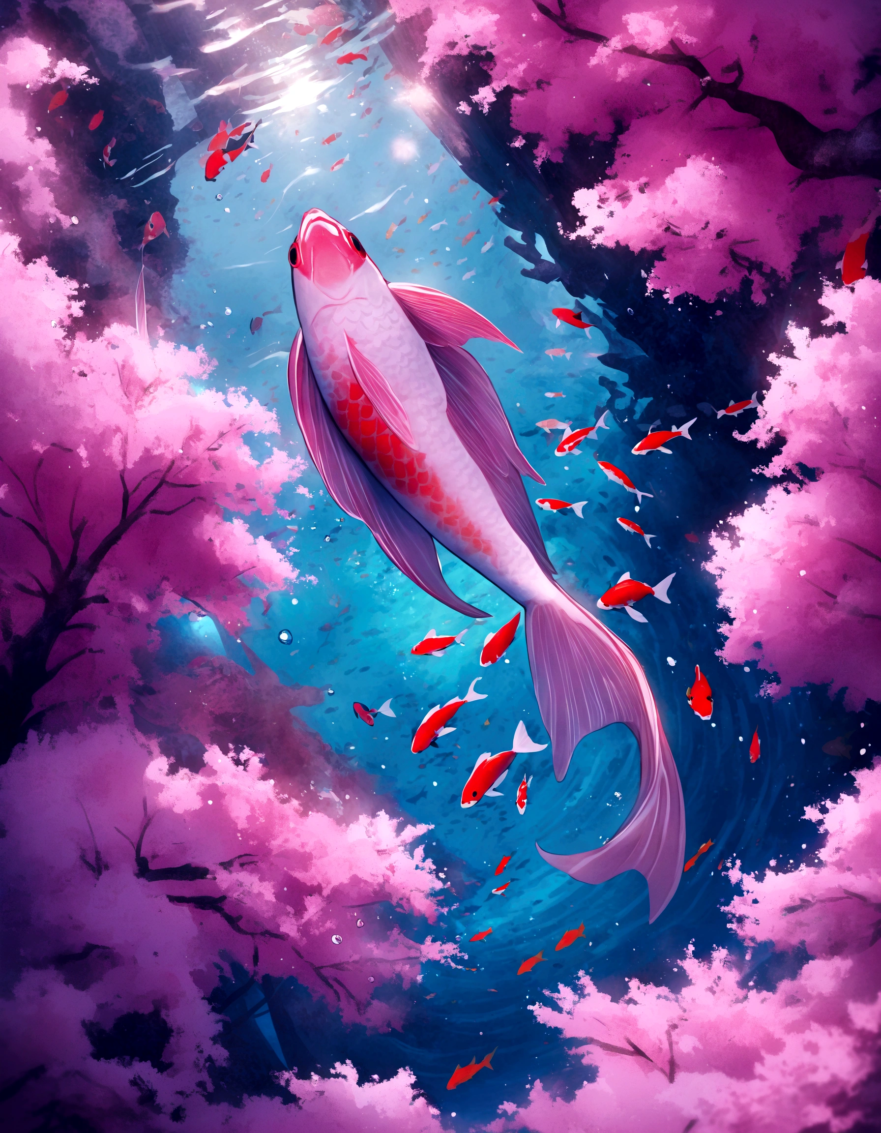 two pink fish swimming in a pool of clear water, pink reflections, floating koi fish, fishes swimming, fishes, koi fish, pink zen style, pink hues, fish swimming, koi fishes, pink vibe, koi colors, vibrant pink, koi, very aesthetic!!!!!!!!!!!!!!!, ( ( ( koi colors ) ) ), see fishes swimming, pinks, 🌺 cgsociety