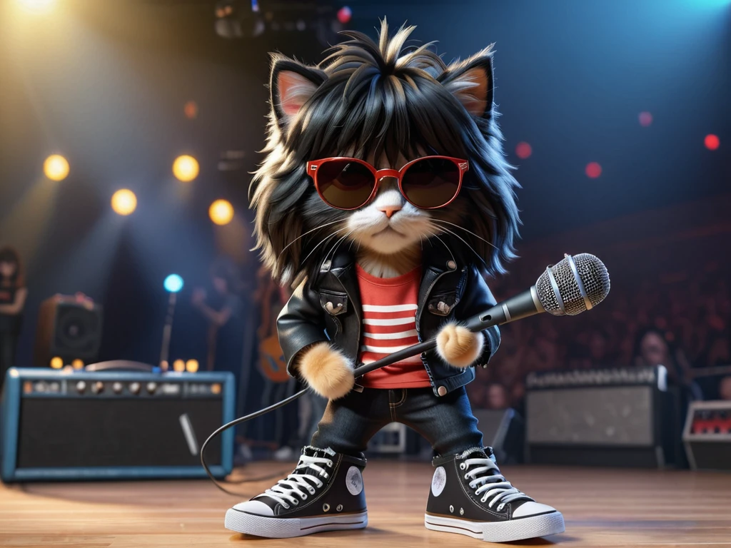 Cute anthropomorphic kitten fluffy cartoon with very long hair black with bangs, singing with microphone in hand (black sunglasses with oval lenses) by Joey Ramone digital painting 3d cosplay Ramones pants jeans, All Star shoes in the background concert stage with several lights blue, isometric view, Cinematic, Hyperrealistic, Backlit, Extremely low angle, Highly detailed, scaled down, Unrealistic rendering, 16K