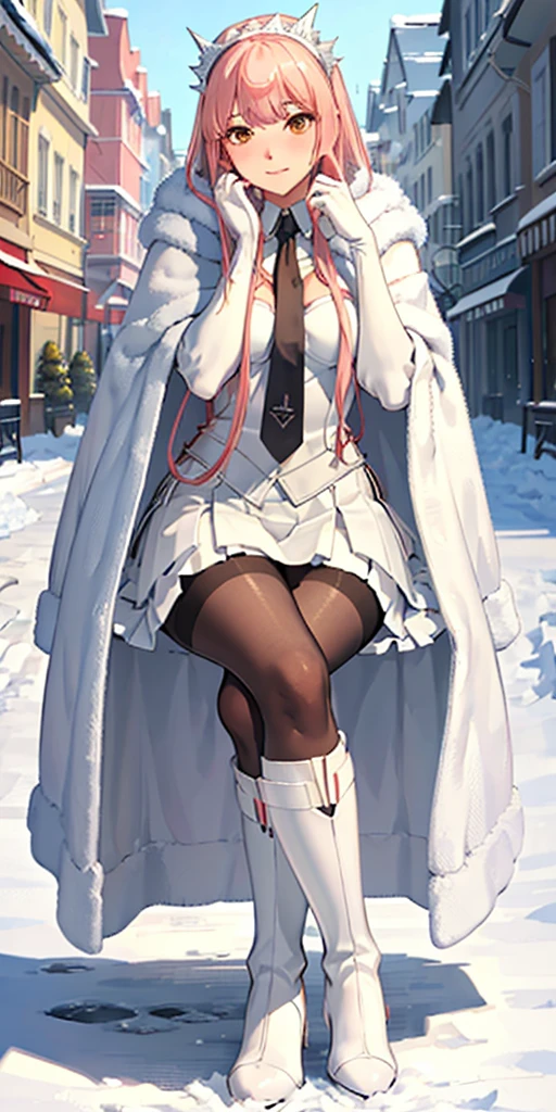 (masterpiece, sidelighting, finely detailed beautiful eyes: 1.2), glowing eyes, shiny hair, lustrous skin, solo, embarrassed, medb \(fate\), outdoors, cloak, white cloak, fur trim, knee boots, snow, street, lamppost, full body, Nsfw, (masterpiece, best quality:1.2), solo, 1girl, medb, unamused, closed mouth, looking at viewer, hand on own face, sitting, crossed legs, collared shirt, necktie, skirt, pantyhose