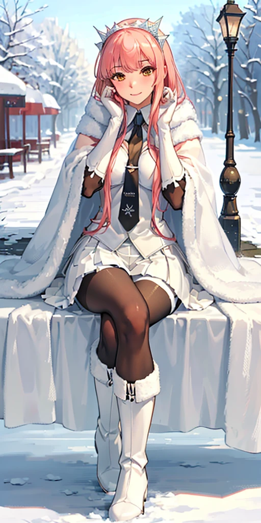 (masterpiece, sidelighting, finely detailed beautiful eyes: 1.2), glowing eyes, shiny hair, lustrous skin, solo, embarrassed, medb \(fate\), outdoors, cloak, white cloak, fur trim, knee boots, snow, street, lamppost, full body, Nsfw, (masterpiece, best quality:1.2), solo, 1girl, medb, unamused, closed mouth, looking at viewer, hand on own face, sitting, crossed legs, collared shirt, necktie, skirt, pantyhose