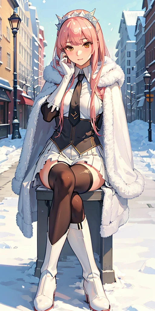 (masterpiece, sidelighting, finely detailed beautiful eyes: 1.2), glowing eyes, shiny hair, lustrous skin, solo, embarrassed, medb \(fate\), outdoors, cloak, white cloak, fur trim, knee boots, snow, street, lamppost, full body, Nsfw, (masterpiece, best quality:1.2), solo, 1girl, medb, unamused, closed mouth, looking at viewer, hand on own face, sitting, crossed legs, collared shirt, necktie, skirt, pantyhose