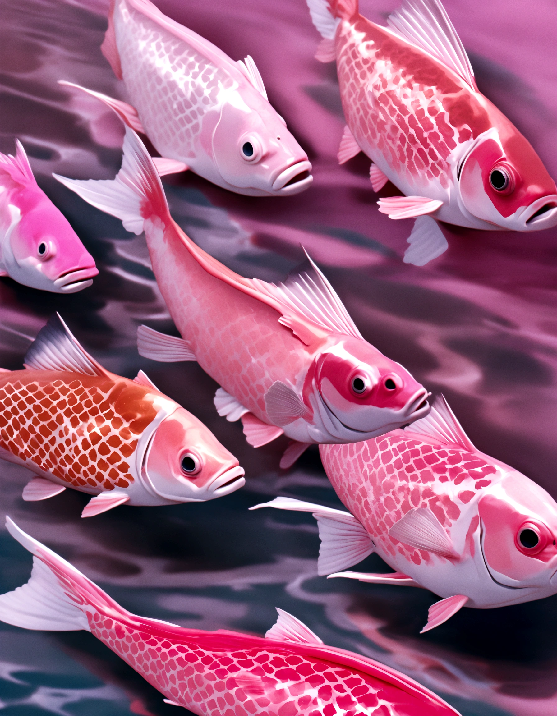 two pink fish swimming in a pool of clear water, a photorealistic painting by Anna Haifisch, tumblr, photorealism, pink reflections, floating koi fish, fishes swimming, fishes, koi fish, pink zen style, pink hues, koi fishes, fish swimming, pink vibe, koi colors, vibrant pink, koi, very aesthetic!!!!!!!!!!!!!!!