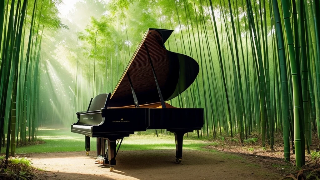A grand piano placed in a bamboo forest with sunlight filtering through the trees、The soft sunlight filtering through the trees makes it sparkle.、One grand piano、There is no one、With Makoto Shinkai-esque illustration touch、Rough anime style