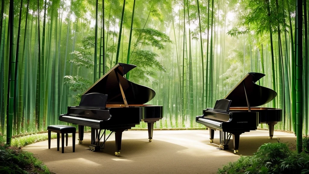 A grand piano placed in a bamboo forest with sunlight filtering through the trees、The soft sunlight filtering through the trees makes it sparkle.、One grand piano、There is no one、With Makoto Shinkai-esque illustration touch、Rough anime style