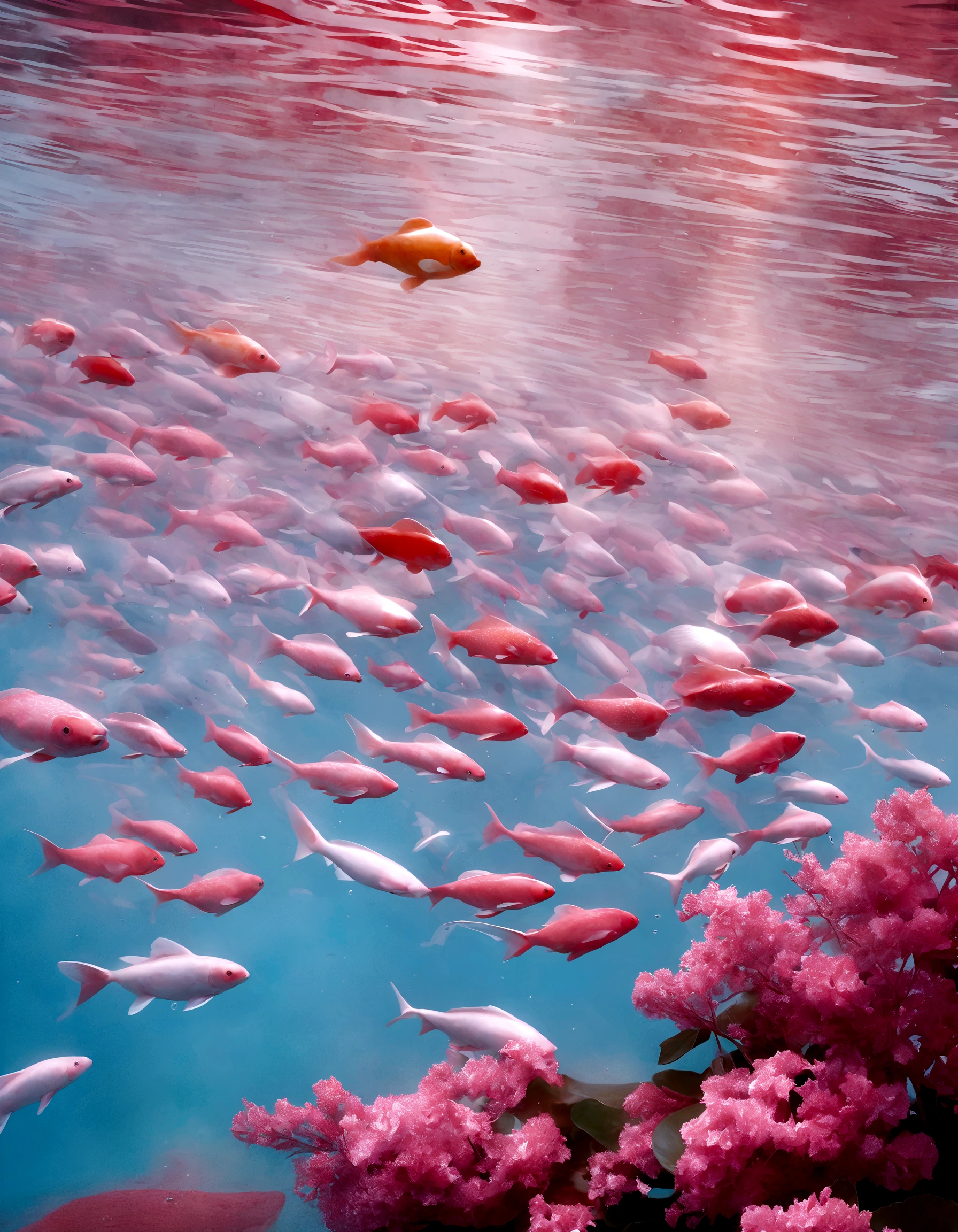 two pink fish swimming in a pool of clear water, a photorealistic painting by Anna Haifisch, tumblr, photorealism, pink reflections, floating koi fish, fishes swimming, fishes, koi fish, pink zen style, pink hues, koi fishes, fish swimming, pink vibe, koi colors, vibrant pink, koi, very aesthetic!!!!!!!!!!!!!!!