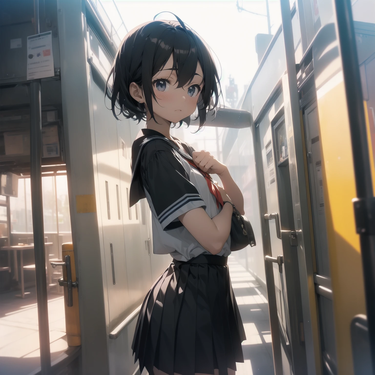 ultra-absurdres-Top quality by artist God, ultra-detailed, high resolution, anime moe artstyle, best anime 8k konachan wallpaper, pixiv contest winner, pool:2810, perfect anatomy,break, 1girl, (Please draw a girl walking sleepily to school alone. )break,(Solo,little female, 13-year-old:1.3),Full limbs, complete fingers,a junior high school student, (very short hair), short cut, flat chest, , small butt, small black eyes, beautiful detailed eyes, well-proportioned iris and pupils, expressive eyes, highres detailed hair, soft expression, salor school_uniform, sailor collar, serahuku, bow, pleated skirt,(Detailed Lighting), (Detailed background), in the School commute route. break,super detailed skin, Best cinematic lighting powered by famous artist, 8k,beauty illustration,photoshop_(medium),very aesthetic,break,((artist:neocoill )), artist:clamp ,artist:carnelian ,artist:kantoku ,