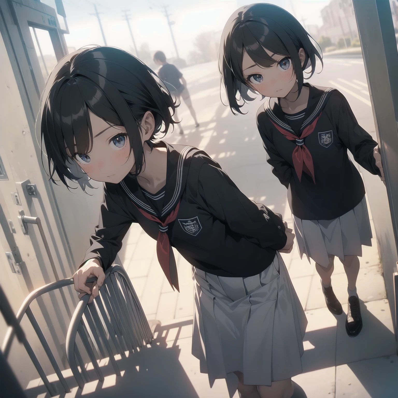 ultra-absurdres-Top quality by artist God, ultra-detailed, high resolution, anime moe artstyle, best anime 8k konachan wallpaper, pixiv contest winner, pool:2810, perfect anatomy,break, 1girl, (Please draw a girl walking sleepily to school alone. )break,(Solo,little female, 13-year-old:1.3),Full limbs, complete fingers,a junior high school student, (very short hair), short cut, flat chest, , small butt, small black eyes, beautiful detailed eyes, well-proportioned iris and pupils, expressive eyes, highres detailed hair, soft expression, salor school_uniform, sailor collar, serahuku, bow, pleated skirt,(Detailed Lighting), (Detailed background), in the School commute route. break,super detailed skin, Best cinematic lighting powered by famous artist, 8k,beauty illustration,photoshop_(medium),very aesthetic,break,((artist:neocoill )), artist:clamp ,artist:carnelian ,artist:kantoku ,
