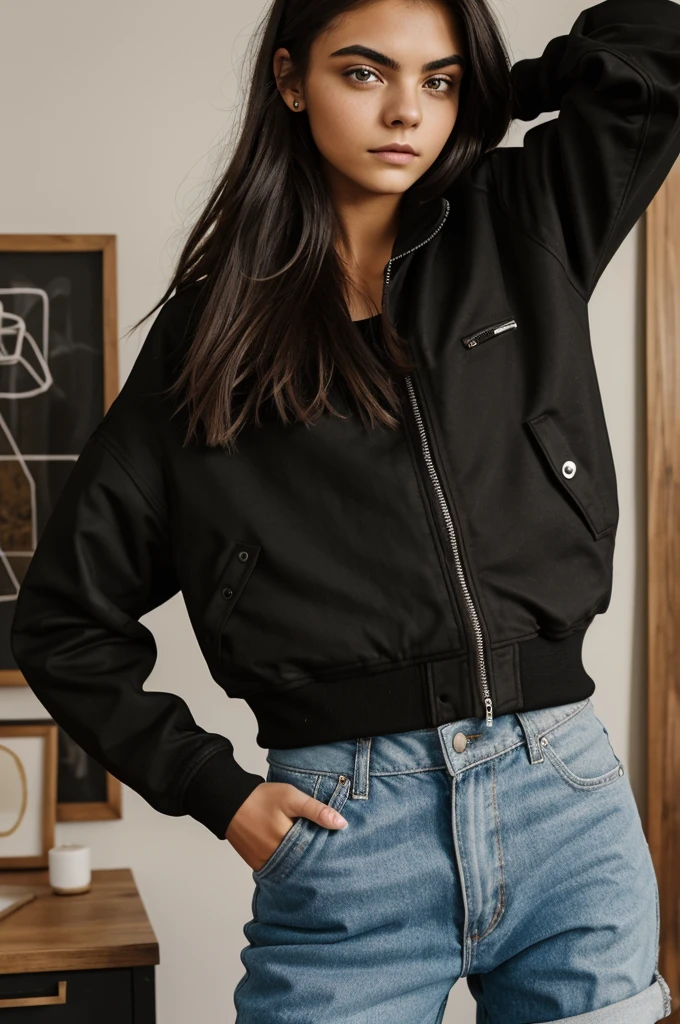 photograph of a 20 year old woman, cara perfecta, obra maestra, Bien, ropa interior, negro_Bien, chaqueta, negro_bragas