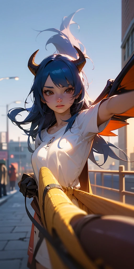 Anime girl with blue hair and horns on the street, 3D realistic animation, 2. 5D CGI anime fantasy artwork, Anime style 3d, Anime style. 8K, 4k Anime style, 3d style realistic anime, deviantart artstation cgscosiety, Digital Animation Art, guweiz style art, detailed Digital Animation Art, White shirt, Dragon Wings