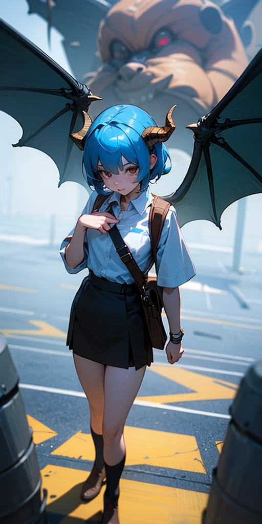Anime girl with blue hair and horns on the street, 3D realistic animation, 2. 5D CGI anime fantasy artwork, Anime style 3d, Anime style. 8K, 4k Anime style, 3d style realistic anime, deviantart artstation cgscosiety, Digital Animation Art, guweiz style art, detailed Digital Animation Art, White shirt, Dragon Wings