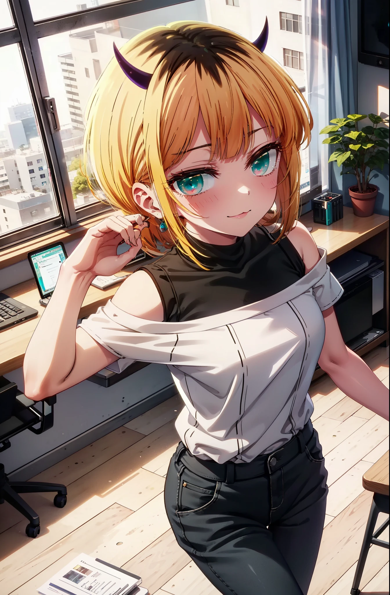 memcho, memcho, Long Hair, Blonde Hair, Multicolored Hair, horn, bangs, Brown Hair, Black Hair, blunt bangs, Two-tone hair, (Aqua Eye:1.3), :3,happy smile, smile, Open your mouth,Black-rimmed glasses,
Cold shoulder tops,Short sleeve,skinny pants,Stiletto heels,There is a computer on the table,So that the whole body goes into the illustration,Chair,walking,Daytime,
Break indoors, office,
壊す looking at viewer, Systemic
break (masterpiece:1.2), highest quality, High resolution, unity 8k wallpaper, (figure:0.8), (Beautiful fine details:1.6), Highly detailed face, Perfect lighting, Highly detailed CG, (Perfect hands, Perfect Anatomy),
