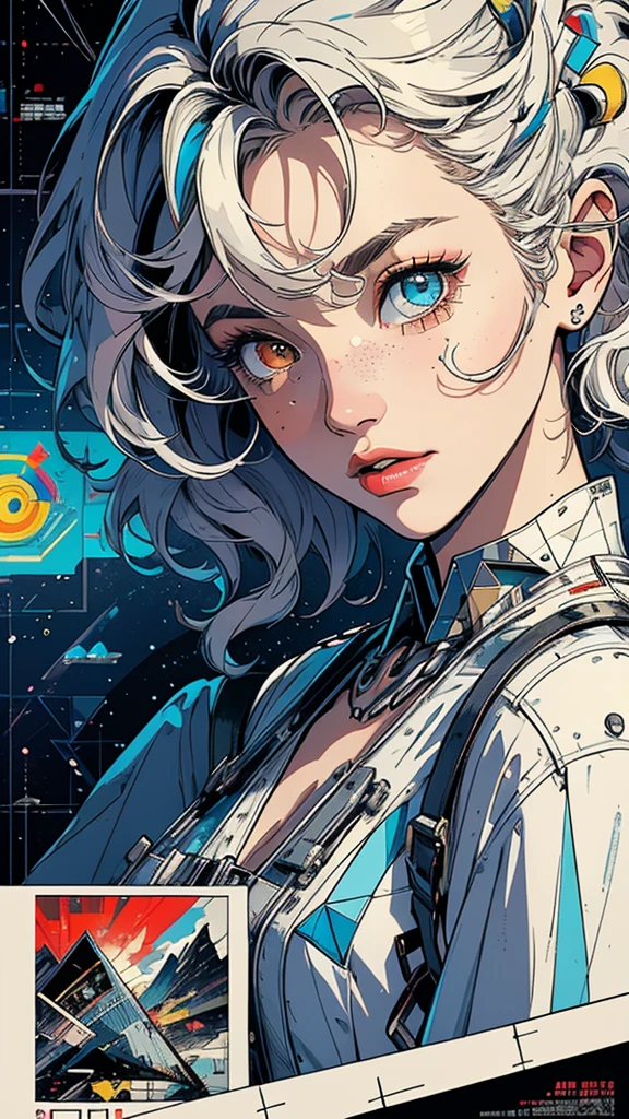 (((masterpiece, highest quality))),(((solo:1.2))),(((1girl:1.2))),32k wallpaper, very detailed, poster, vintage science fiction, 1960s,(((((geometric cinematic movie poster))))), (bauhaus), shape,(((abstract))), mid century modern, movie poster, vintage, Perfect Lady,1970's, halftone, speech bubble,(((portfolio,Close-up))),(((various angle))),(((bust up))),((highlight)),Vast landscape,((((heterochromia)))),(((complete. detailed face))),(((Extremely talented))),(((most complecated machine)))