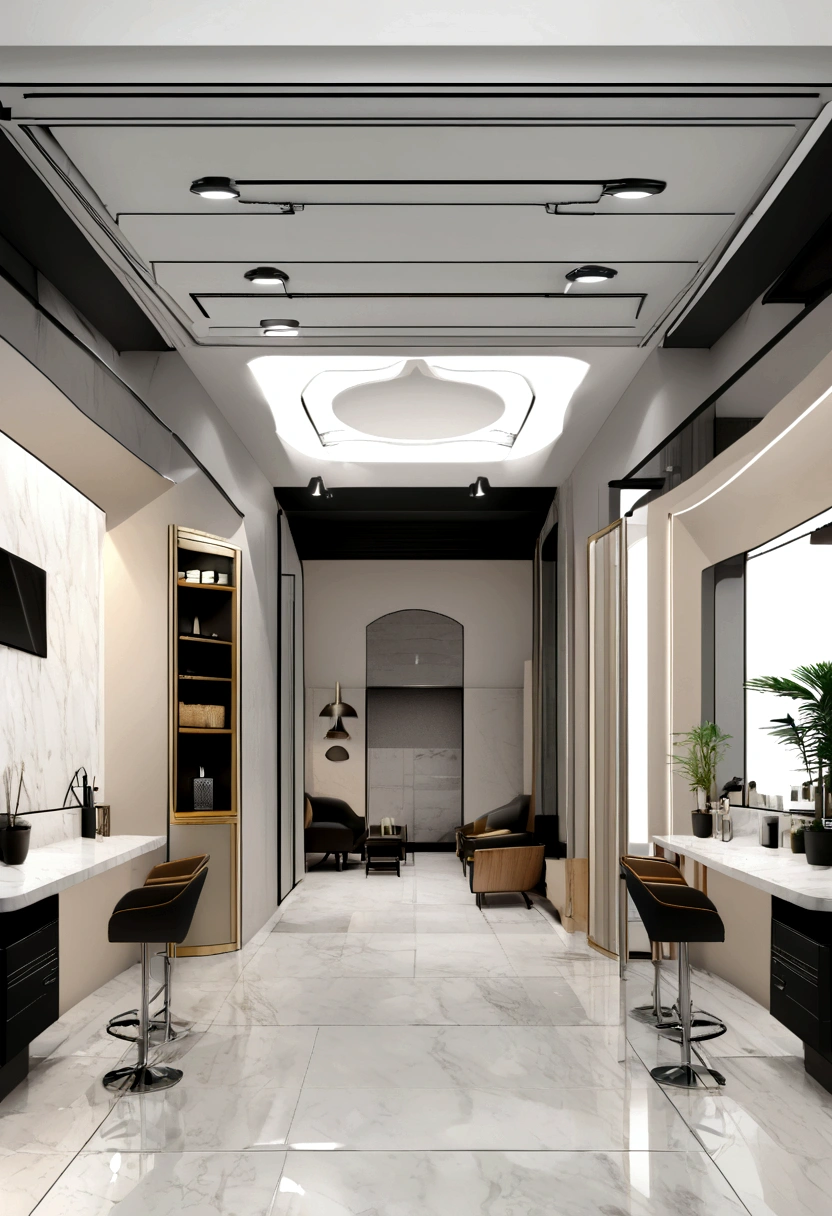 Professional 3d architecture rendering design of modern and French design for hair salon with white and light aprichoc color