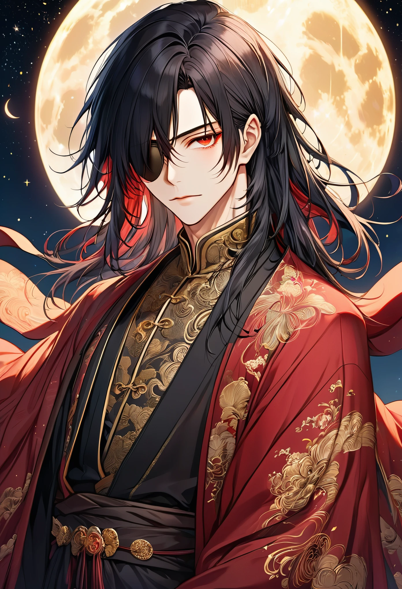 A highly detailed, anime-inspired illustration of a mysterious, handsome man with long, flowing black hair and an eyepatch over his left eye. He is wearing an elegant, ornate red and black robe adorned with intricate gold embroidery. The background features a full moon illuminating the night sky, casting a soft glow on his face. His eyes are piercing red, and he wears a serious expression. The image is rendered in 4K, showcasing delicate line work and soft shading, emphasizing clean lines, realistic yet stylized features, and a focus on subtle gradients and textures to create a polished and aesthetically pleasing appearance