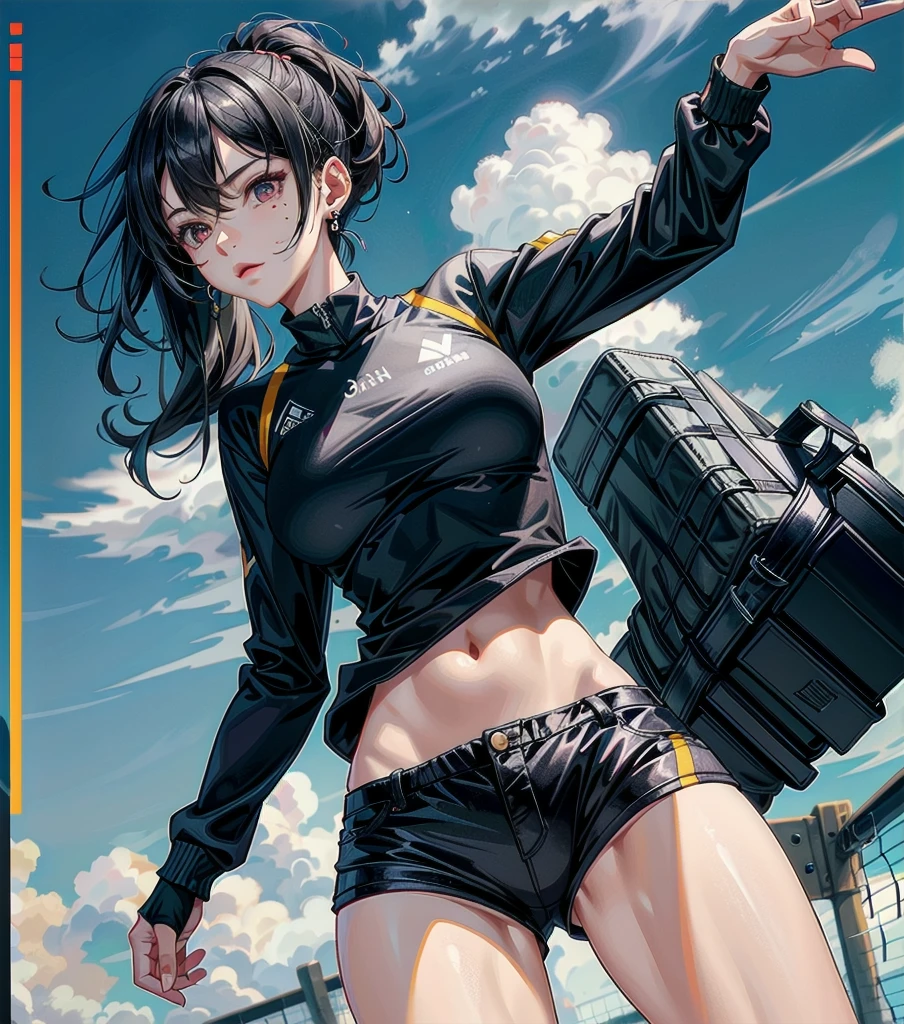 whole body, solo, alone, perfect anatomy, correct body, ideal ratio of body proportions, tearful mole, earring, medium hair, black hair, medium tits, volleyball Jersey, shorts, midriff,