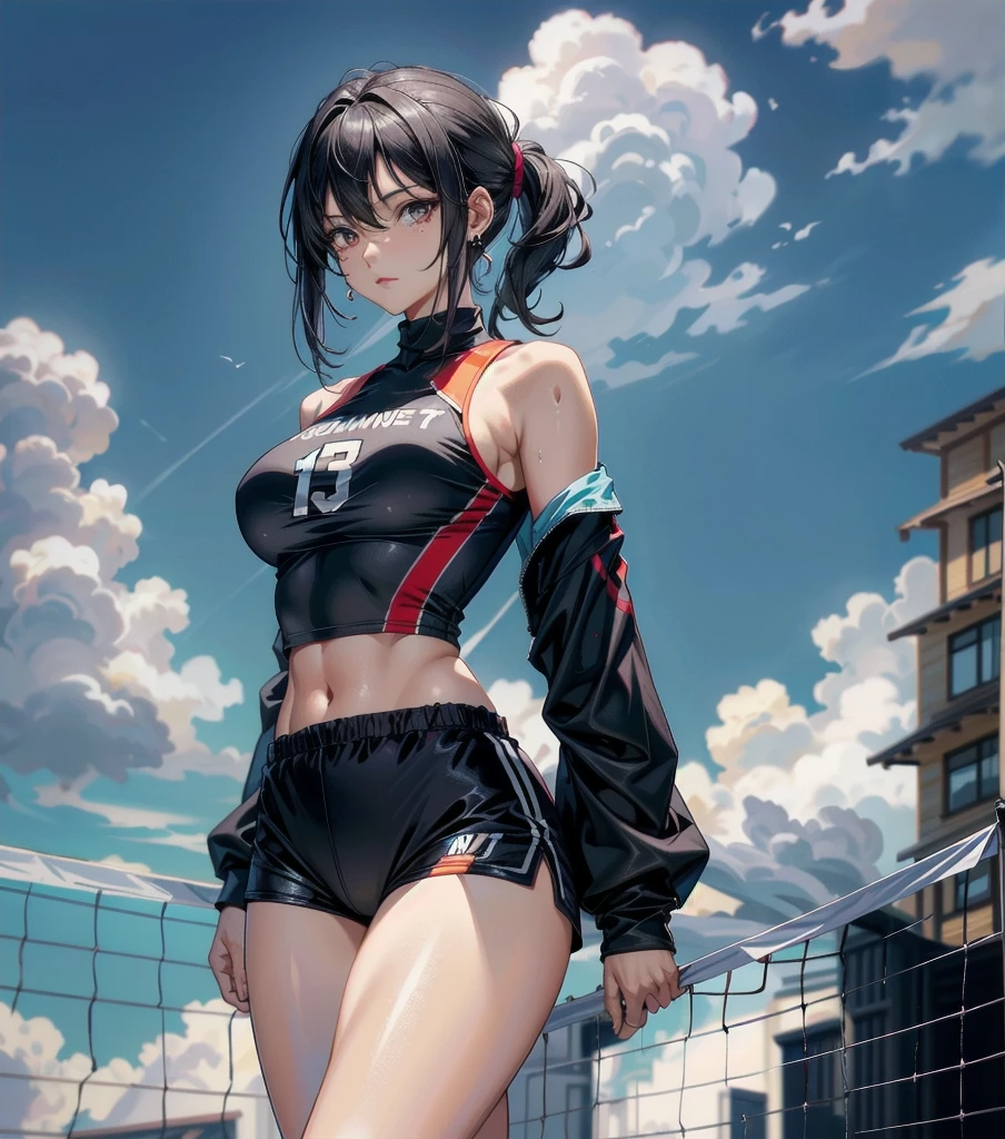 whole body, solo, alone, perfect anatomy, correct body, ideal ratio of body proportions, tearful mole, earring, medium hair, black hair, medium tits, volleyball Jersey, shorts, midriff,