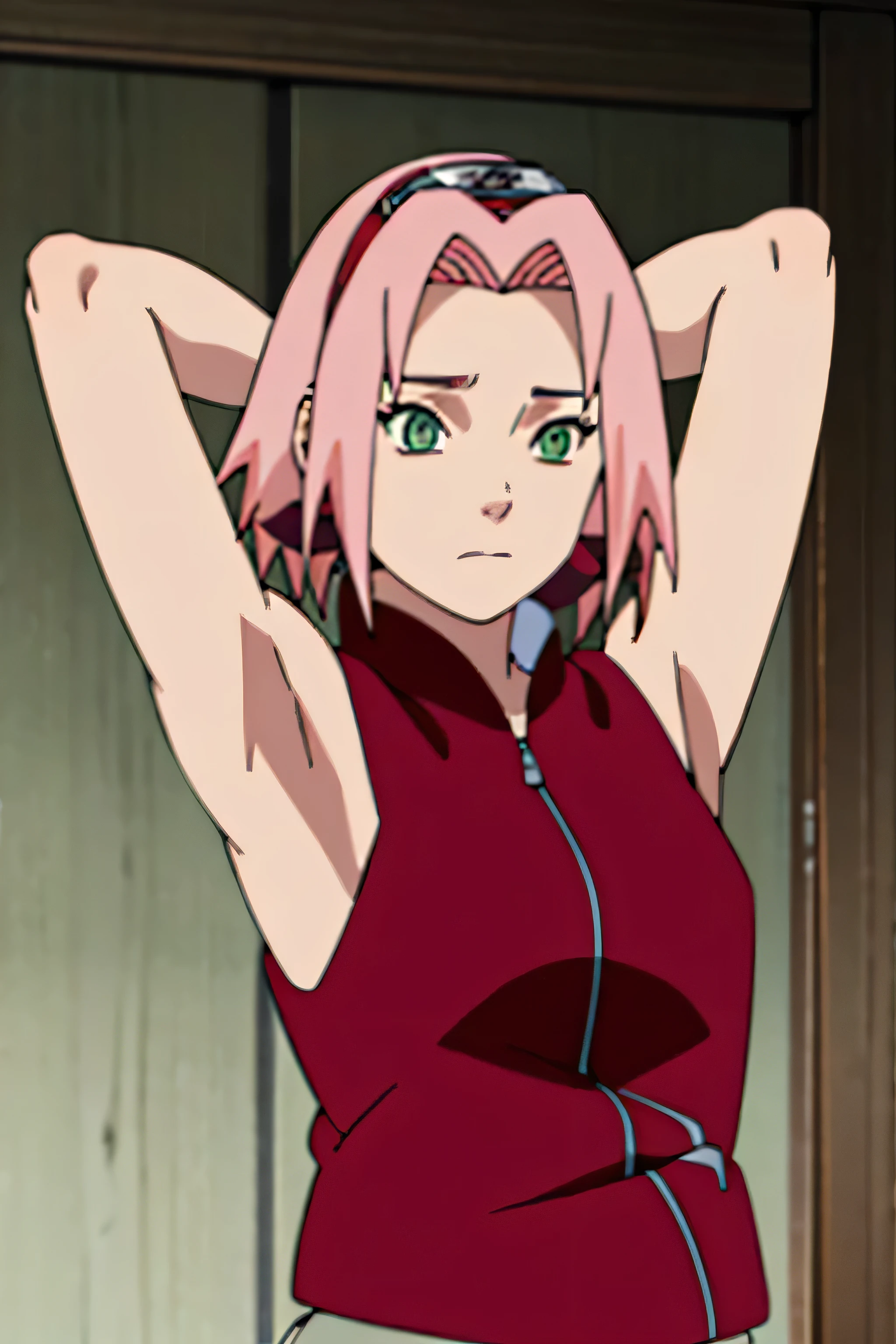 sakura haruno, sleeveless, red jacket, forehead protector, konohagakure symbol, arms behind head, armpits, showing armpits, posing, green eyes, perfect proportions, sakura shippuden