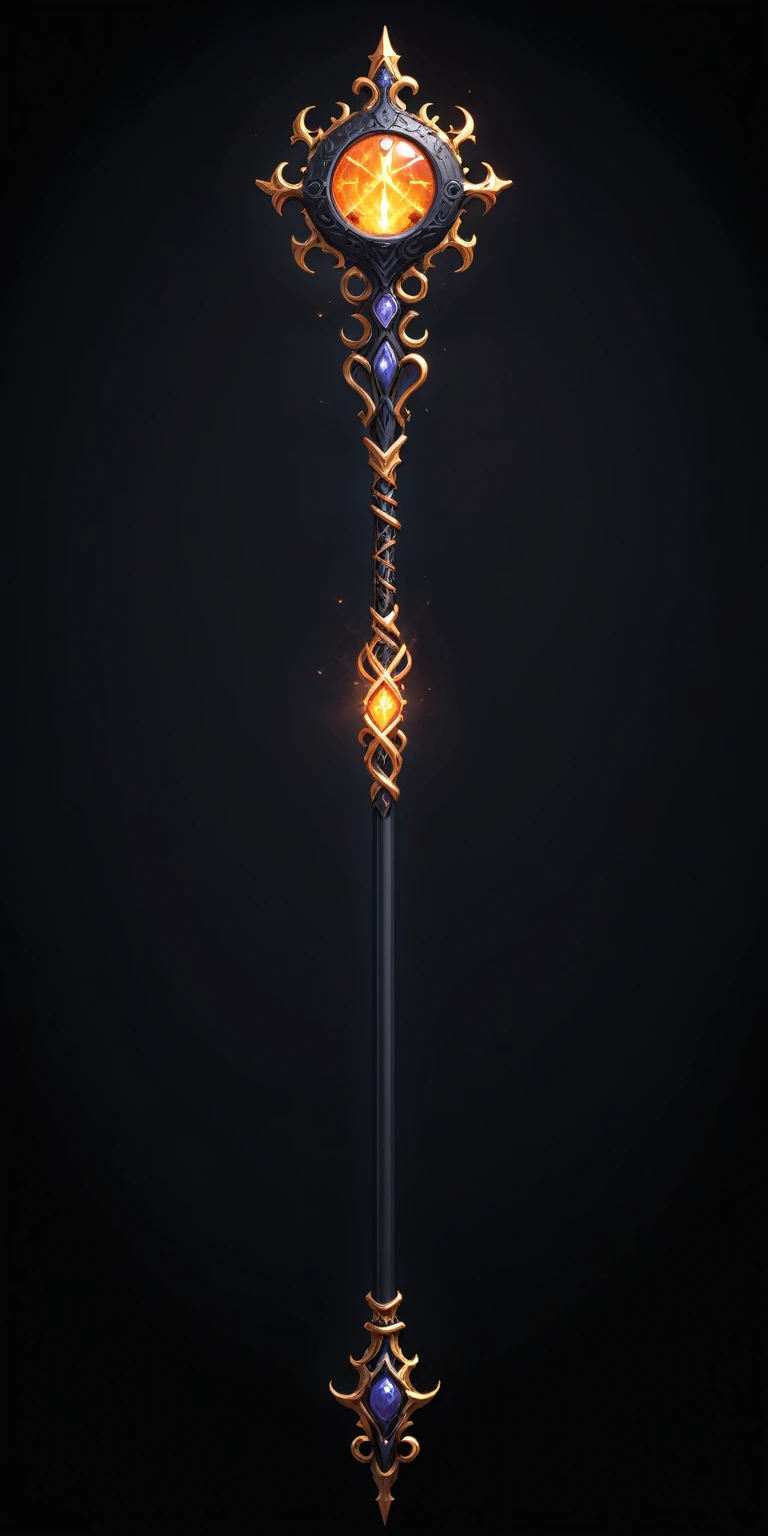 pixel art, cartoon illustration, Divine glavie greatstaff, Powerfull Magical theme, simple black background, RPG game icon