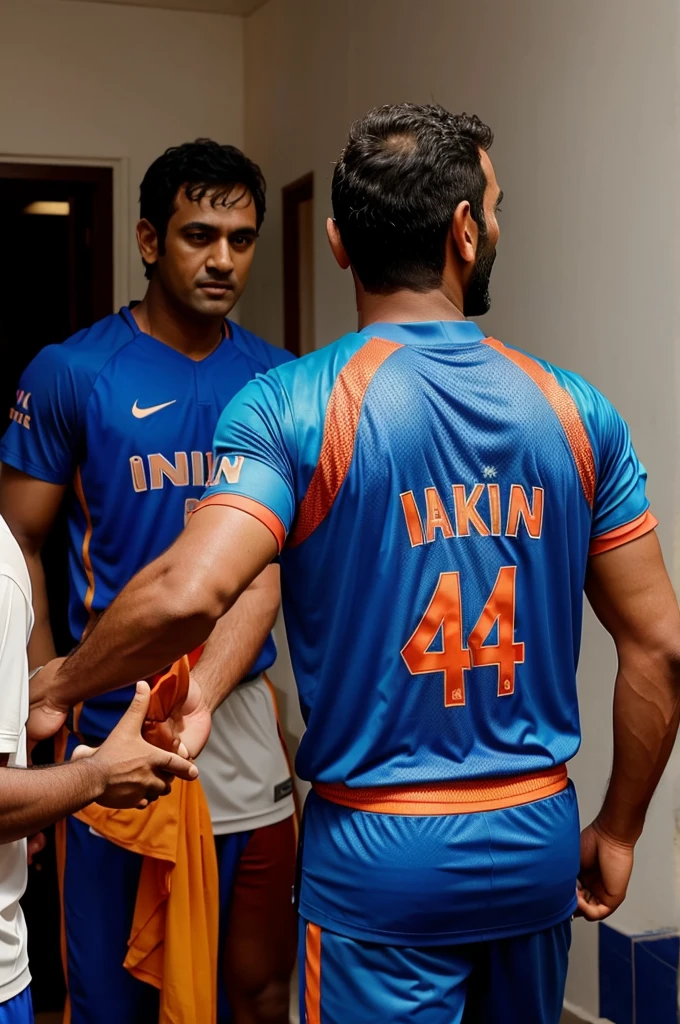 A boy wearing Indian Jersey balu 7 written in that Jersey and giving shake hand to ms dhoni and showing his back 3d