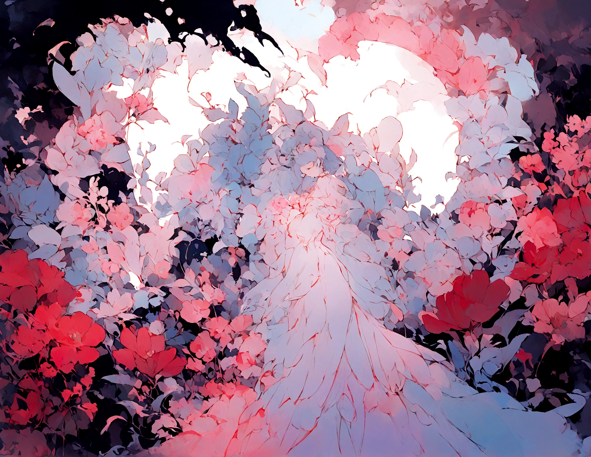 1 Girl,flower, Platycodon ,Light pink and light blue style, Dreamy and romantic composition, light pink, ethereal foliage, Interesting arrangement,fantasy, High contrast, Ink strokes,  Impression of purple with red tones , Abstract