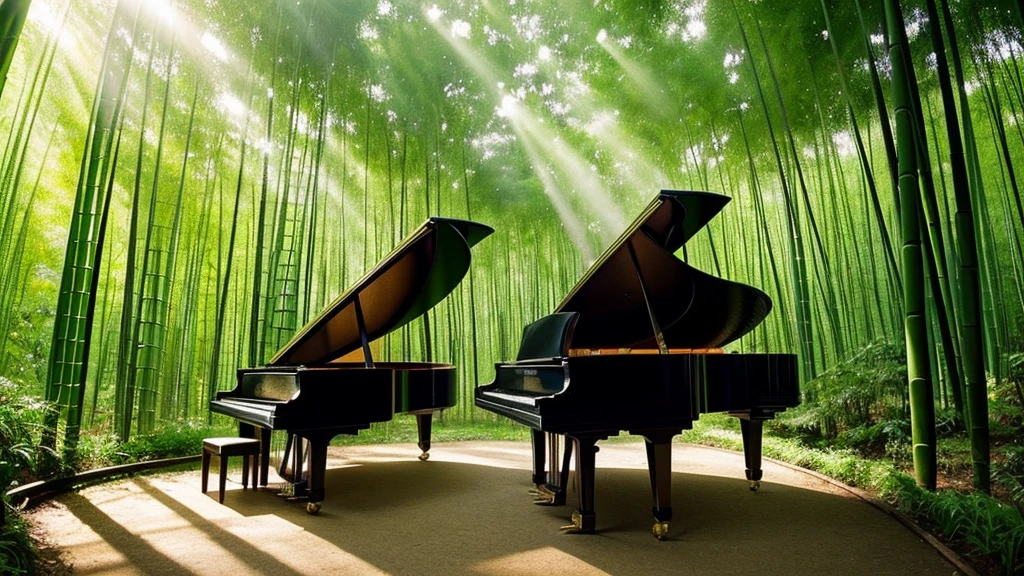 A grand piano placed in a bamboo forest with sunlight filtering through the trees、The soft sunlight filtering through the trees makes it sparkle.、One grand piano、There is no one、With Makoto Shinkai-esque illustration touch、Rough anime style