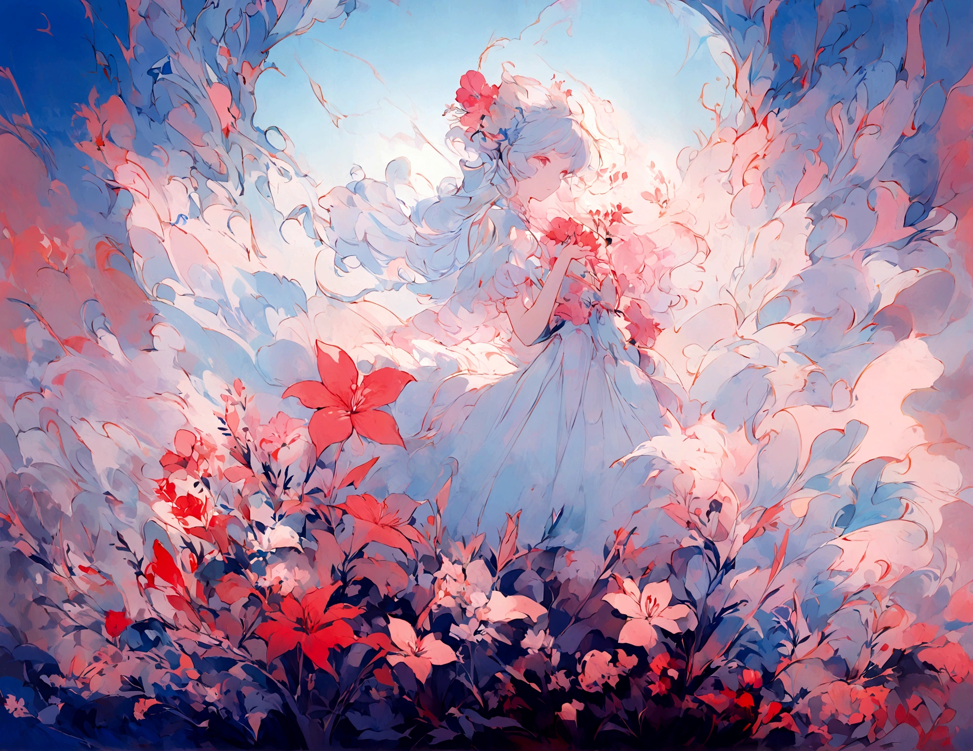 1 Girl,flower, Platycodon ,Light pink and light blue style, Dreamy and romantic composition, light pink, ethereal foliage, Interesting arrangement,fantasy, High contrast, Ink strokes, Impression of purple with red tones , Abstract