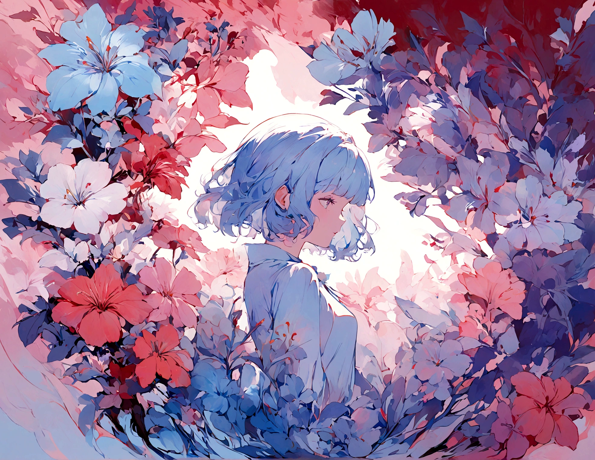 1 Girl,flower, Platycodon ,Light pink and light blue style, Dreamy and romantic composition, light pink, ethereal foliage, Interesting arrangement,fantasy, High contrast, Ink strokes,  Impression of purple with red tones , Abstract