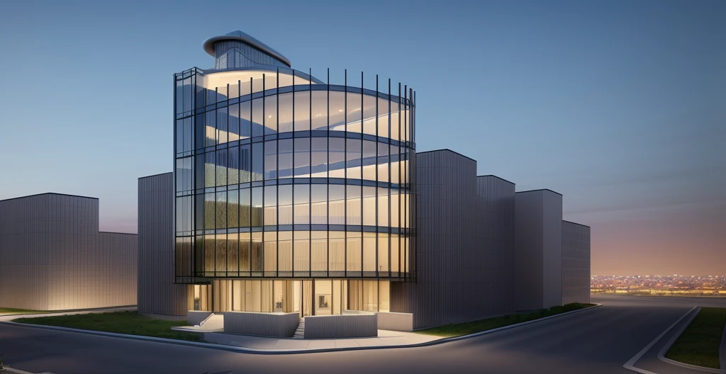 rendering of a modern office building with a curved glass facade, sharp hq rendering, sharp foccus ilustration hq, wide angle exterior 2022, architectural 3 d render, realistic building, architectural visualization, cinematic lighting, UHD, masterpiece, high details, high quality, 4K