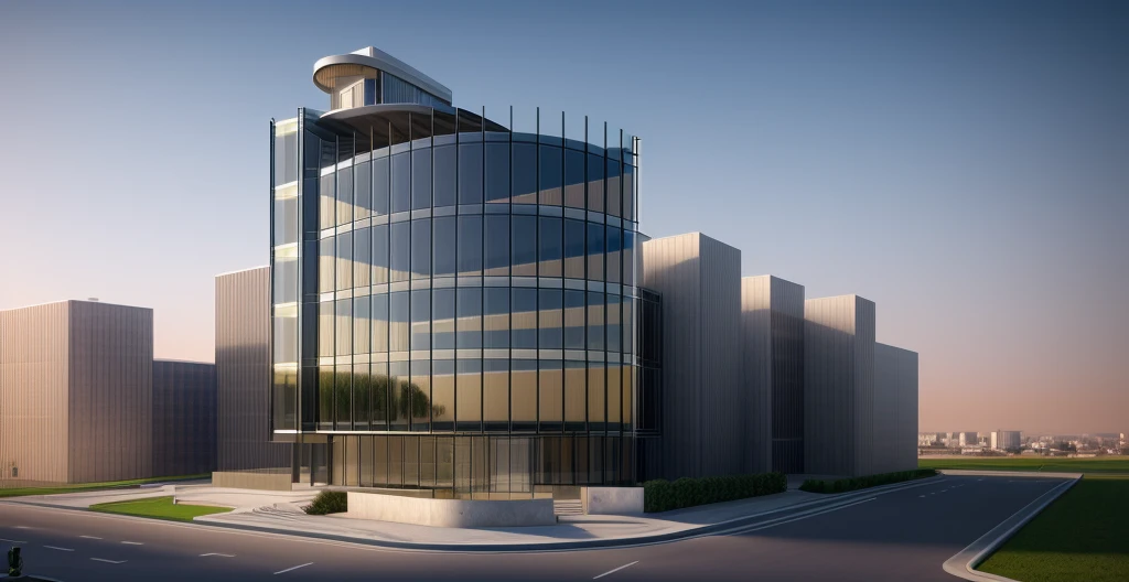 rendering of a modern office building with a curved glass facade, sharp hq rendering, sharp foccus ilustration hq, wide angle exterior 2022, architectural 3 d render, realistic building, architectural visualization, cinematic lighting, UHD, masterpiece, high details, high quality, 4K