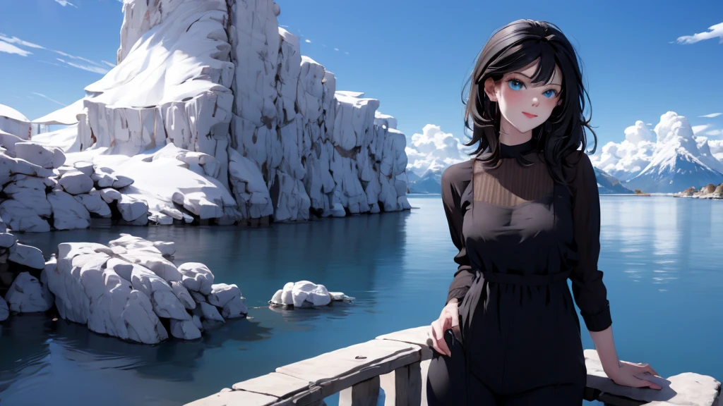 1 girl, medium light black hair, light blue eyes, wearing Sexy outfit , sea , Sexy , high res, ultrasharp, 8K, masterpiece, Looking from the front 18+