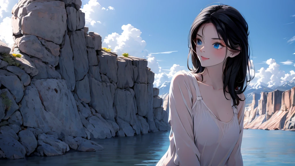 1 girl, medium light black hair, light blue eyes, wearing Sexy outfit , sea , Sexy , high res, ultrasharp, 8K, masterpiece, Looking from the front 18+