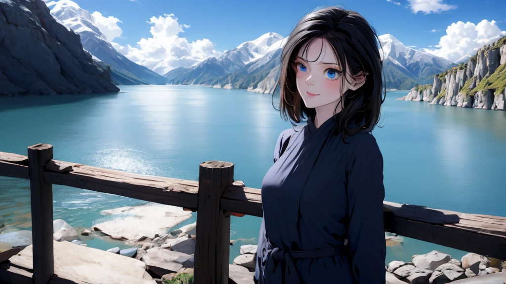 1 girl, medium light black hair, light blue eyes, wearing Sexy outfit , sea , Sexy , high res, ultrasharp, 8K, masterpiece, Looking from the front 18+