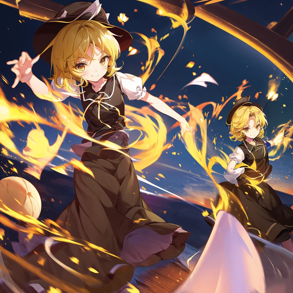 1girl, , , masterpiece, best quality, 10 years old, medium blonde hair, forehead visible bags, yellow eyes, hat, heart, black headwear, puffy short sleeves, log black skirt, heart hads,,1girl, solo, yellow eyes, yellow hair, bow, hat bow, socks, black footwear, black skirt, short sleeves, yuki (touhou), black vest, white sleeves, frill skirt, light smile