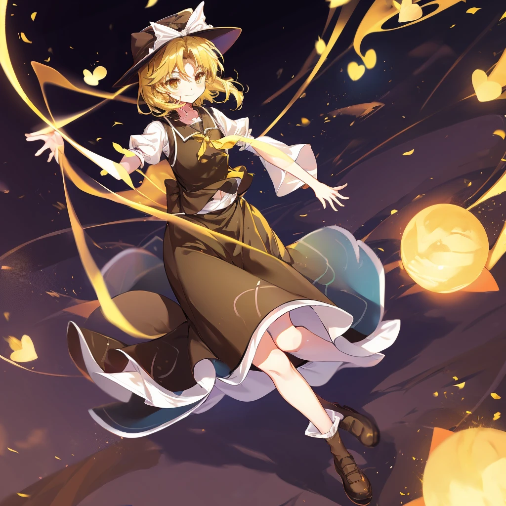 1girl, , , masterpiece, best quality, , medium blonde hair, forehead visible bags, yellow eyes, hat, heart, black headwear, puffy short sleeves, log black skirt, heart hads,,1girl, solo, yellow eyes, yellow hair, bow, hat bow, socks, black footwear, black skirt, short sleeves, yuki (touhou), black vest, white sleeves, frill skirt, light smile