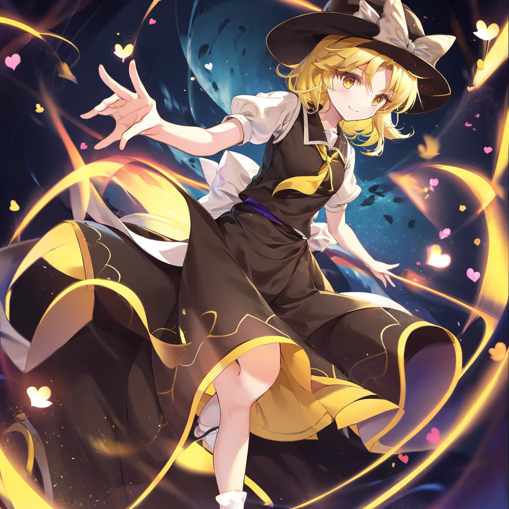 1girl, , , masterpiece, best quality, 10 years old, medium blonde hair, forehead visible bags, yellow eyes, hat, heart, black headwear, puffy short sleeves, log black skirt, heart hads,,1girl, solo, yellow eyes, yellow hair, bow, hat bow, socks, black footwear, black skirt, short sleeves, yuki (touhou), black vest, white sleeves, frill skirt, light smile