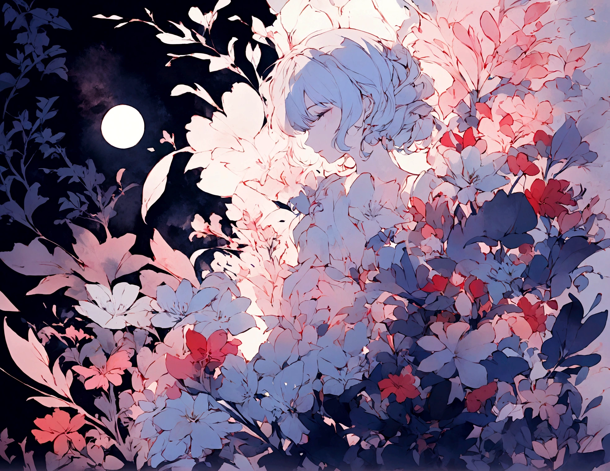 1 Girl,flower, Platycodon ,Light pink and light blue style, Dreamy and romantic composition, light pink, ethereal foliage, Interesting arrangement,fantasy, High contrast, Ink strokes, Impression of purple with red tones , Abstract