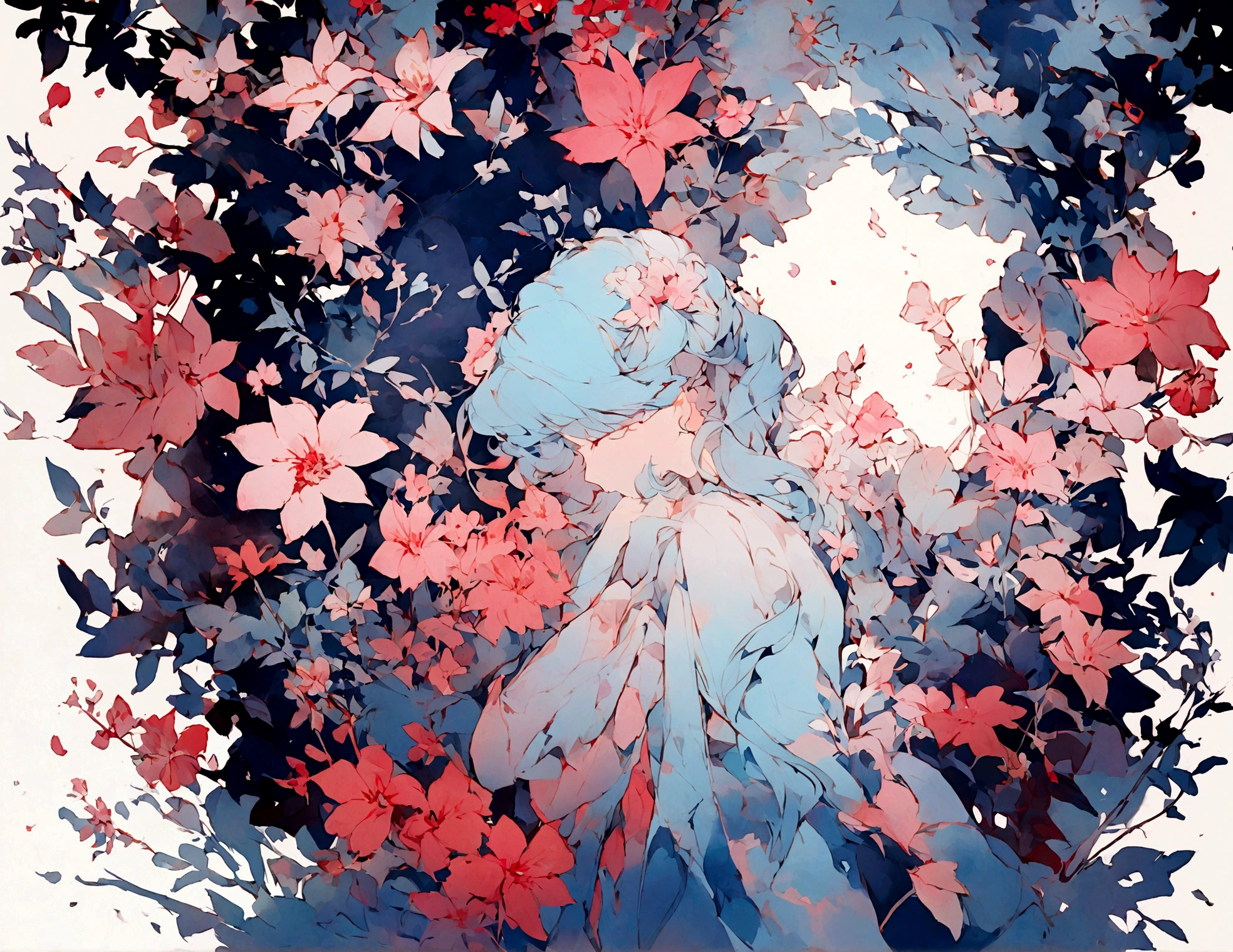 1 Girl,flower, Platycodon ,Light pink and light blue style, Dreamy and romantic composition, light pink, ethereal foliage, Interesting arrangement,fantasy, High contrast, Ink strokes, Impression of purple with red tones , Abstract