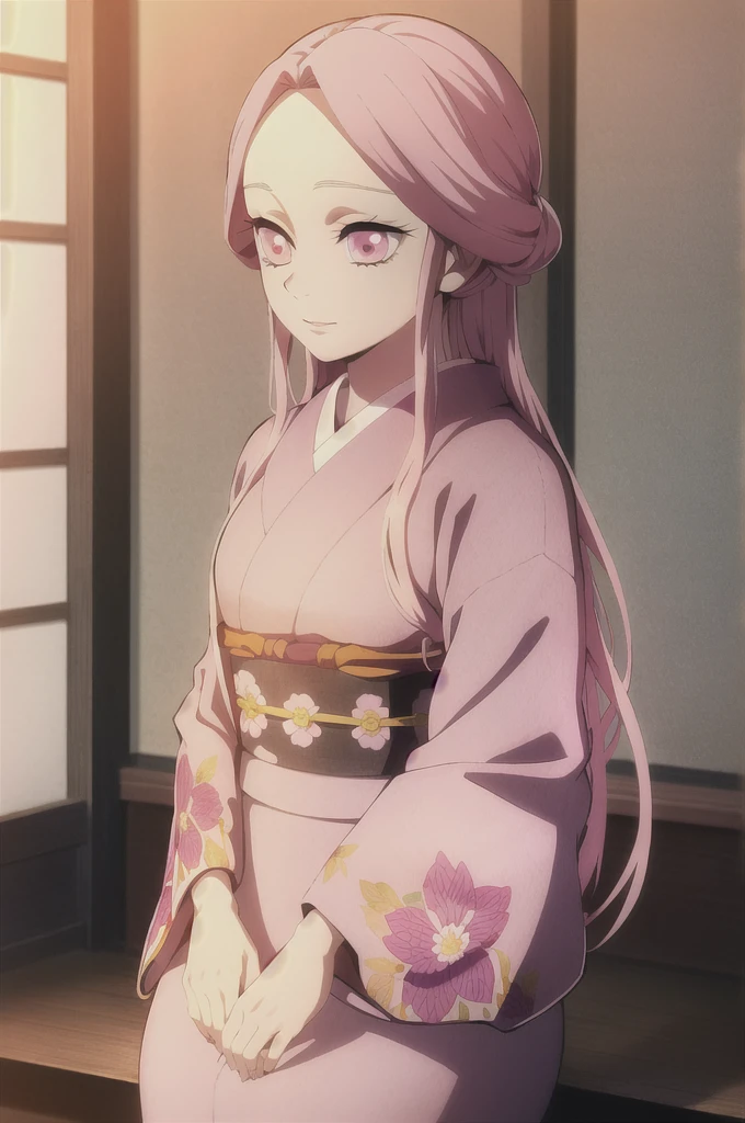 kimetsu no yaiba style,1girl, mature lady, solo, japanese clothes, kimono, pink eyes, long straight hair, hair over shoulder, floral print, light pink hair, upper body, anime coloring,  ((masterpiece)) 