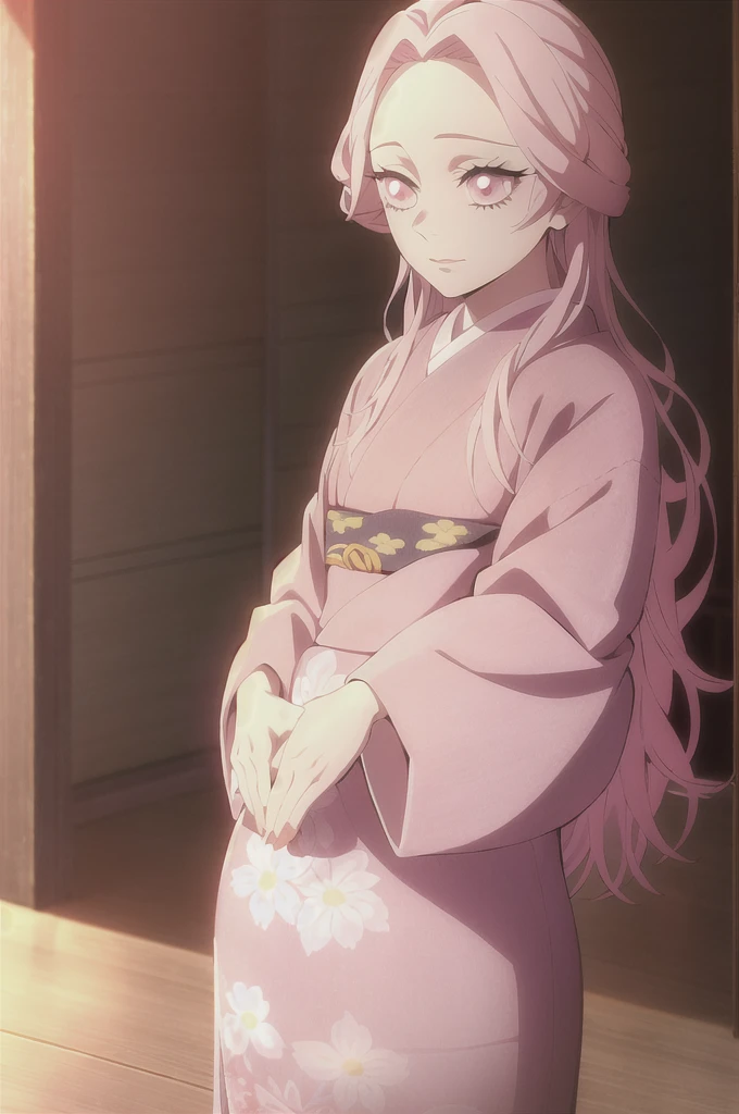 kimetsu no yaiba style,1girl, mature lady, solo, japanese clothes, kimono, pink eyes, long straight hair, hair over shoulder, floral print, light pink hair, upper body, anime coloring,  ((masterpiece)) 