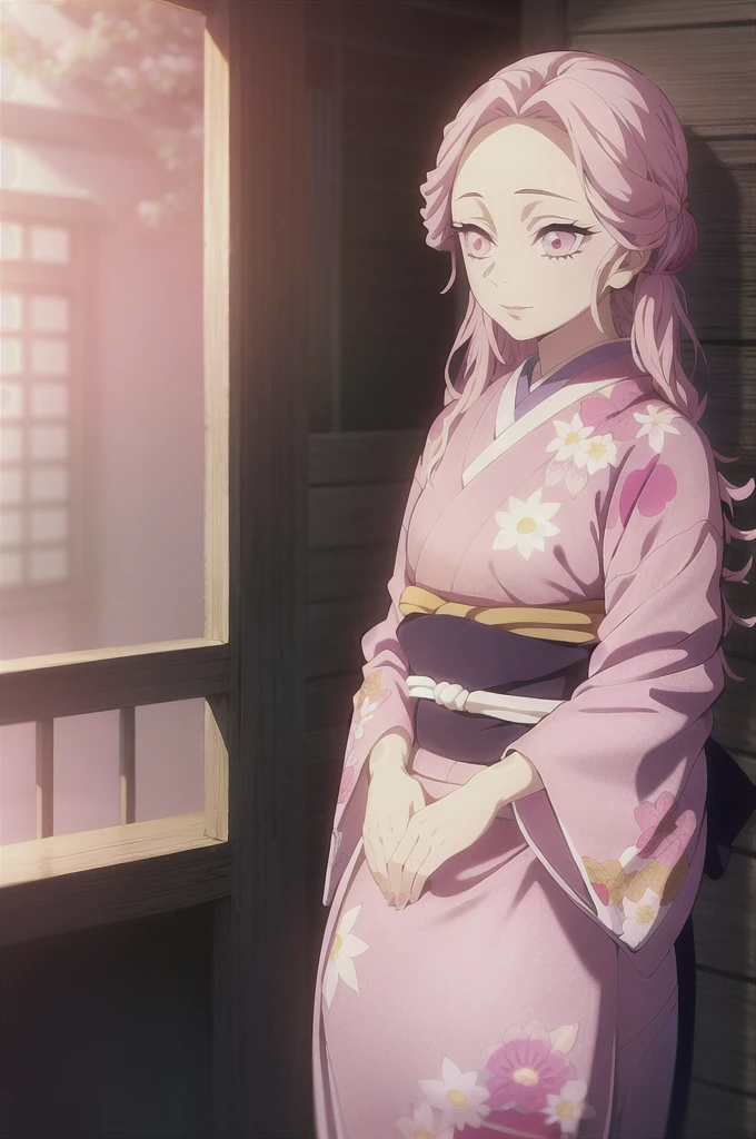 kimetsu no yaiba style,1girl, mature lady, solo, japanese clothes, kimono, pink eyes, long straight hair, hair over shoulder, floral print, light pink hair, upper body, anime coloring, ((masterpiece))