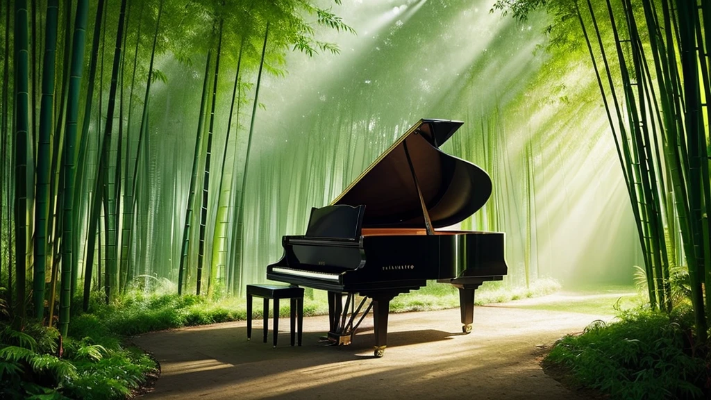 A grand piano placed in a bamboo forest with sunlight filtering through the trees、The soft sunlight filtering through the trees makes it sparkle.、One grand piano、There is no one、With Makoto Shinkai-esque illustration touch、Rough anime style