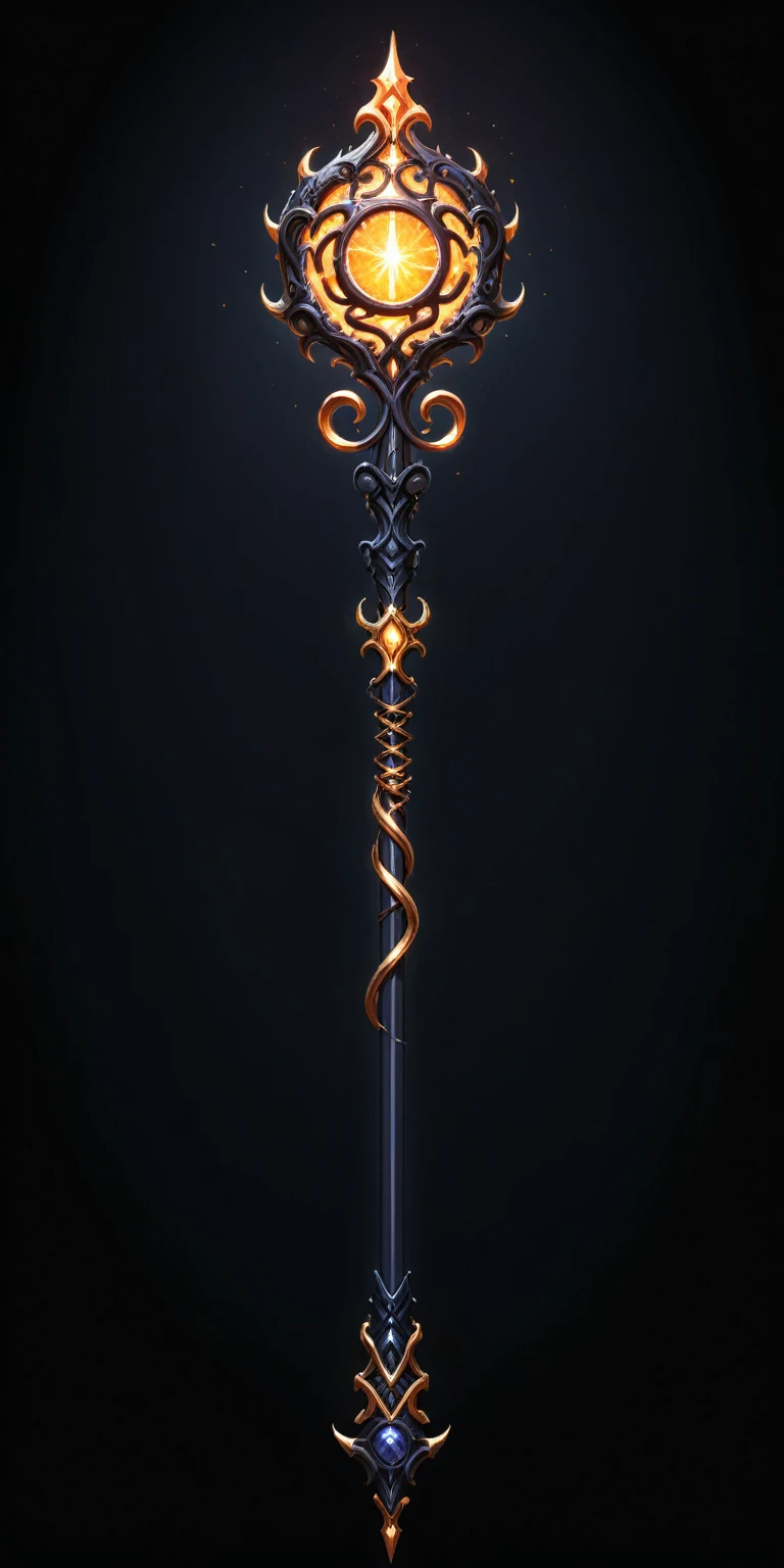 pixel art, cartoon illustration, Divine glavie greatstaff, Powerfull Magical theme, simple black background, RPG game icon