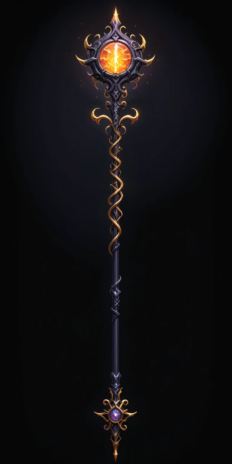 pixel art, cartoon illustration, Divine glavie greatstaff, Powerfull Magical theme, simple black background, RPG game icon 