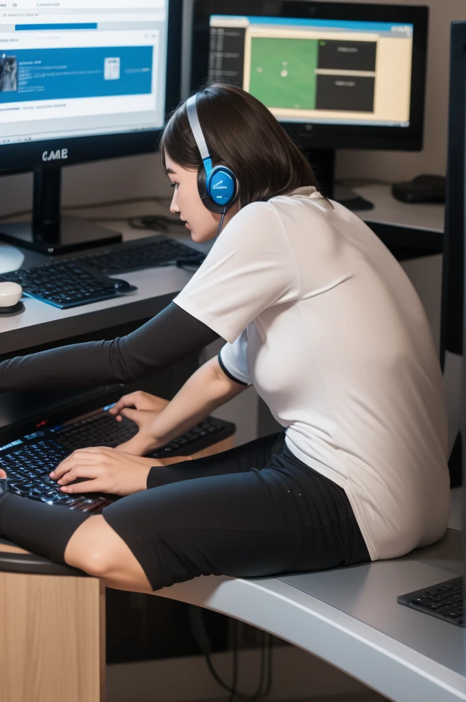 Computer game player playing game in front