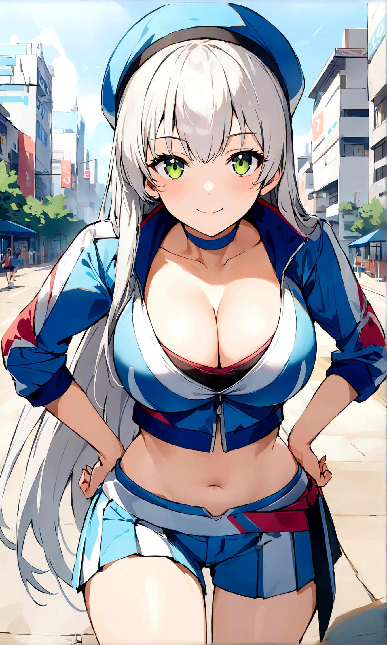 score_9, score_8_up, score_7_up,4k, ,BREAK , (from front,),standing,straight-on,hands on hips,1girl,RACEELIE,silver hair,long hair,HAIRBAND, CHOKER, BLUE HAT, BLUE JACKET, CROPPED JACKET, CLEAVAGE,large breast,, MIDRIFF, BLUE SHORTS, PLEATED SKIRT,(light smile),(daytime and beachside and city), detailed skin,,(best quality),(aesthetic,very aesthetic),sharp focus,depth of field,,