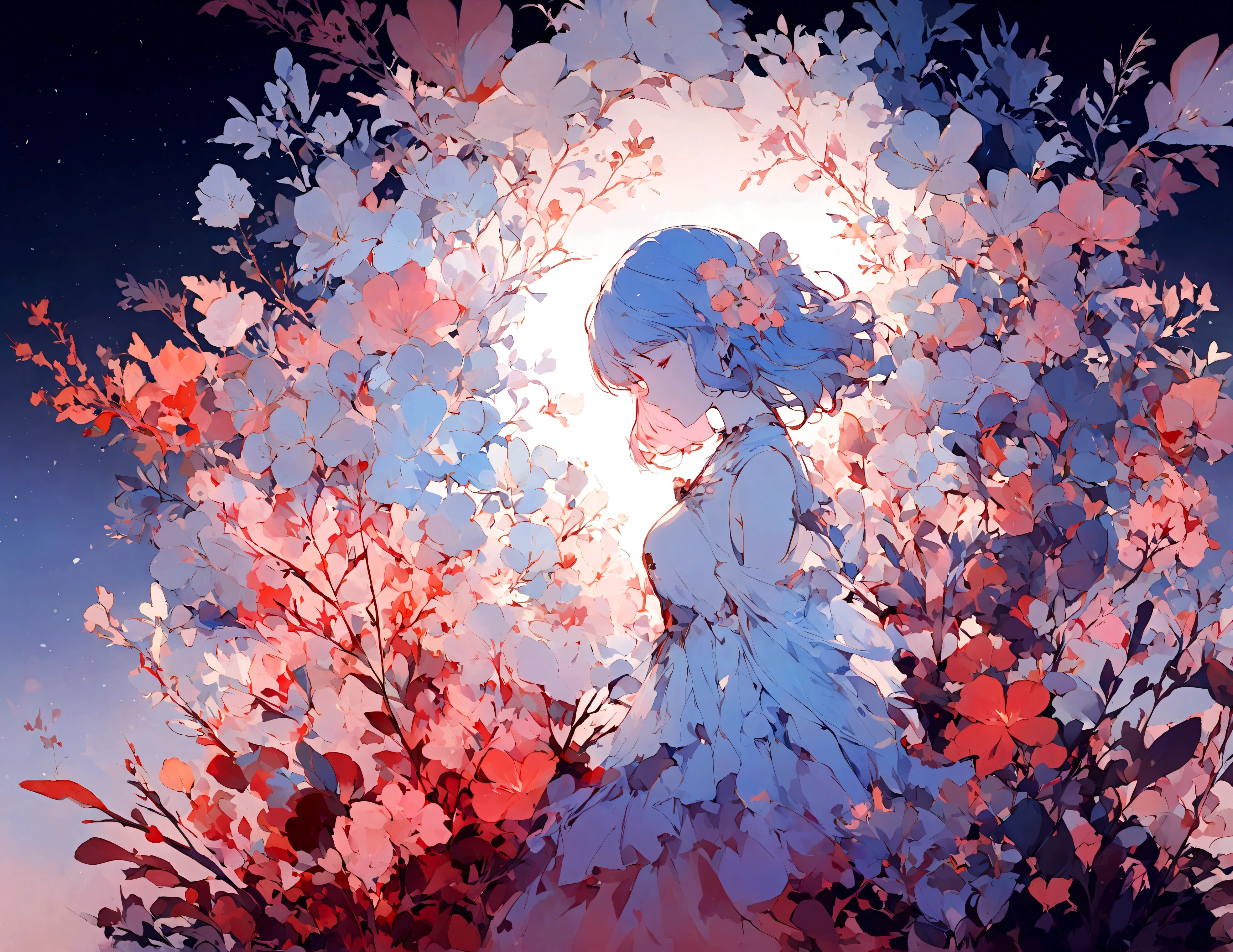 1 Girl,flower, Platycodon ,Light pink and light blue style, Dreamy and romantic composition, light pink, ethereal foliage, Interesting arrangement,fantasy, High contrast, Ink strokes,  Impression of purple with red tones , Abstract