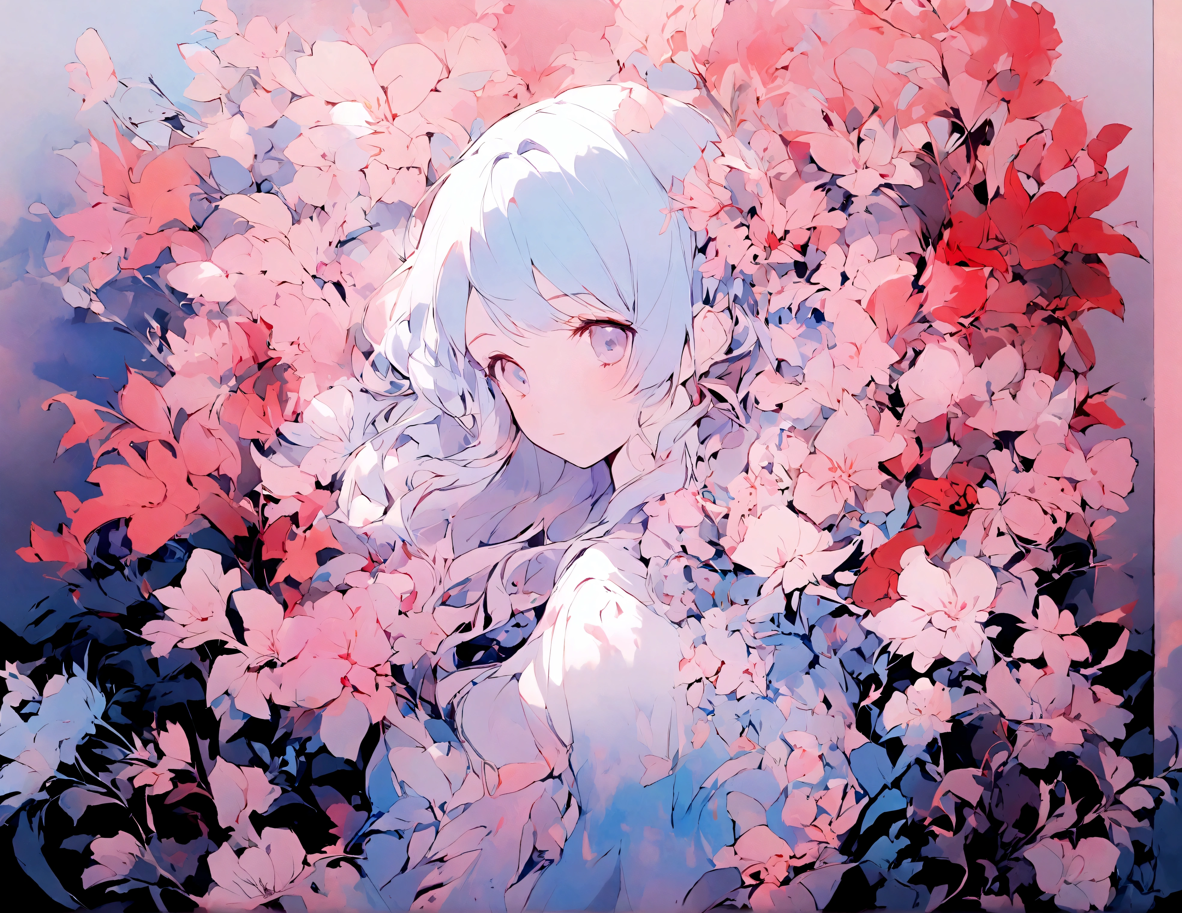 1 Girl,flower, Platycodon ,Light pink and light blue style, Dreamy and romantic composition, light pink, ethereal foliage, Interesting arrangement,fantasy, High contrast, Ink strokes, Impression of purple with red tones , Abstract